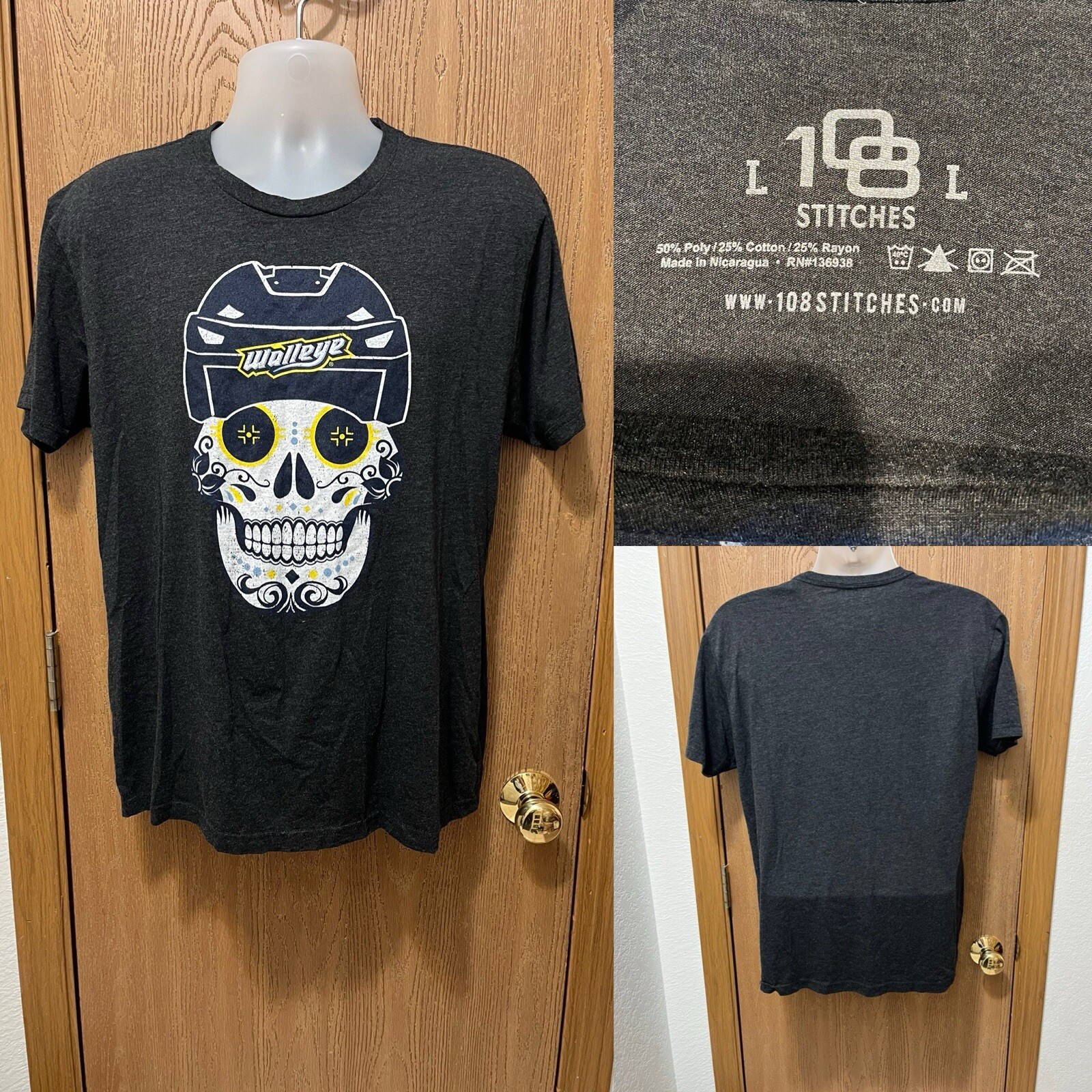108 Stitches Men’s Large Toledo Walleye “Day of the Dead” Gray Short Sleeve Logo