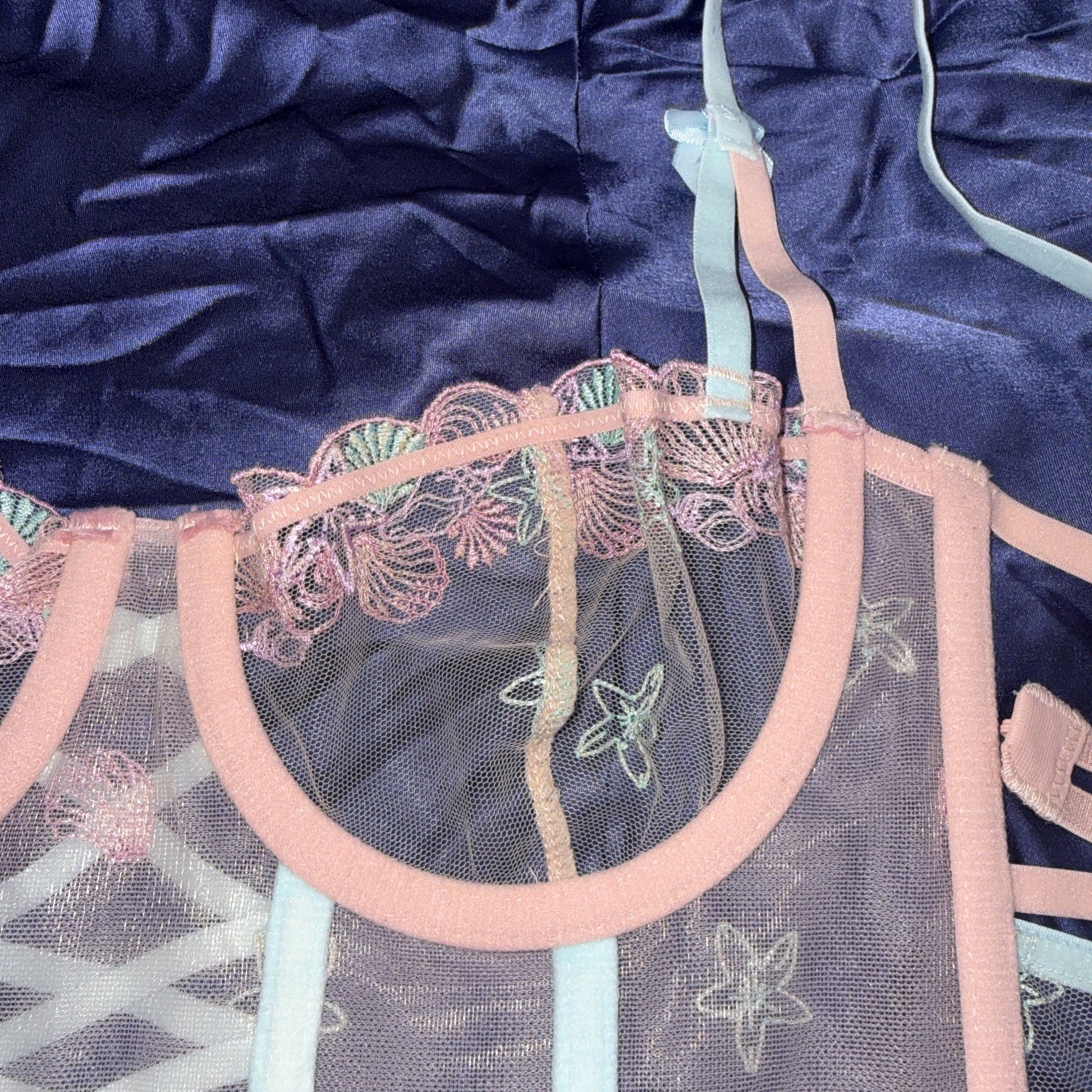 ASOS Design Fairy Beach Corset Mermaid Shells Embroidered Sheer Top Bra Size 32B