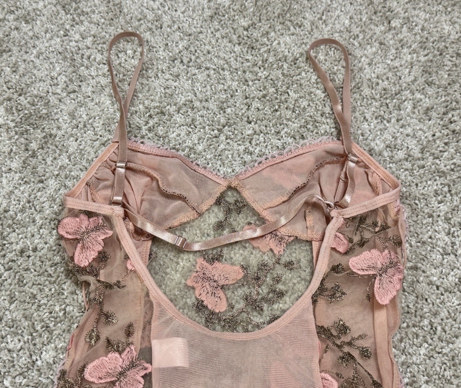 Sexy Butterfly Embroidered Mesh Lace-Up Teddy Bodysuit Pink Floral Size Small