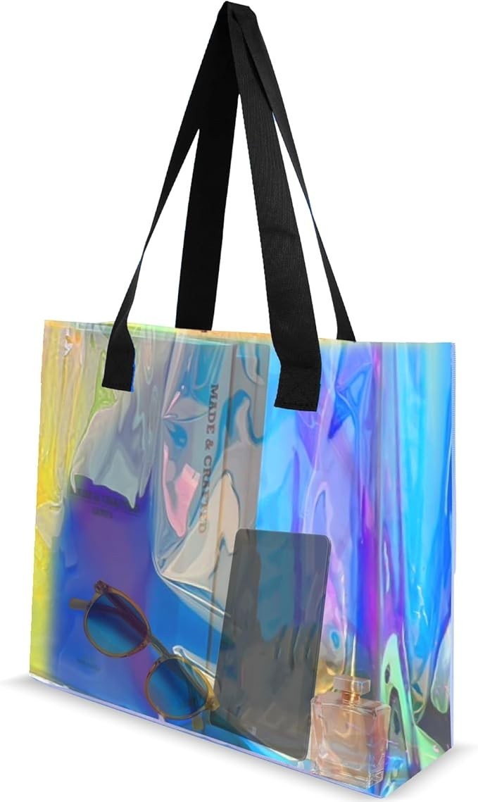 Holographic Clear Tote Bag – Iridescent Beach Bag with Handles – 13″X3.9″X11.8″