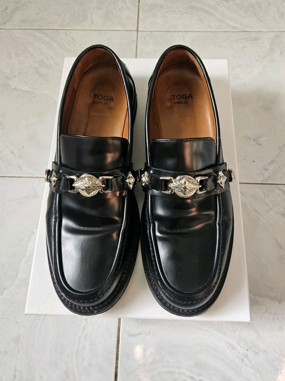 Toga Virilis Black Leather Loafer Shoes US11 Metal Accents 44