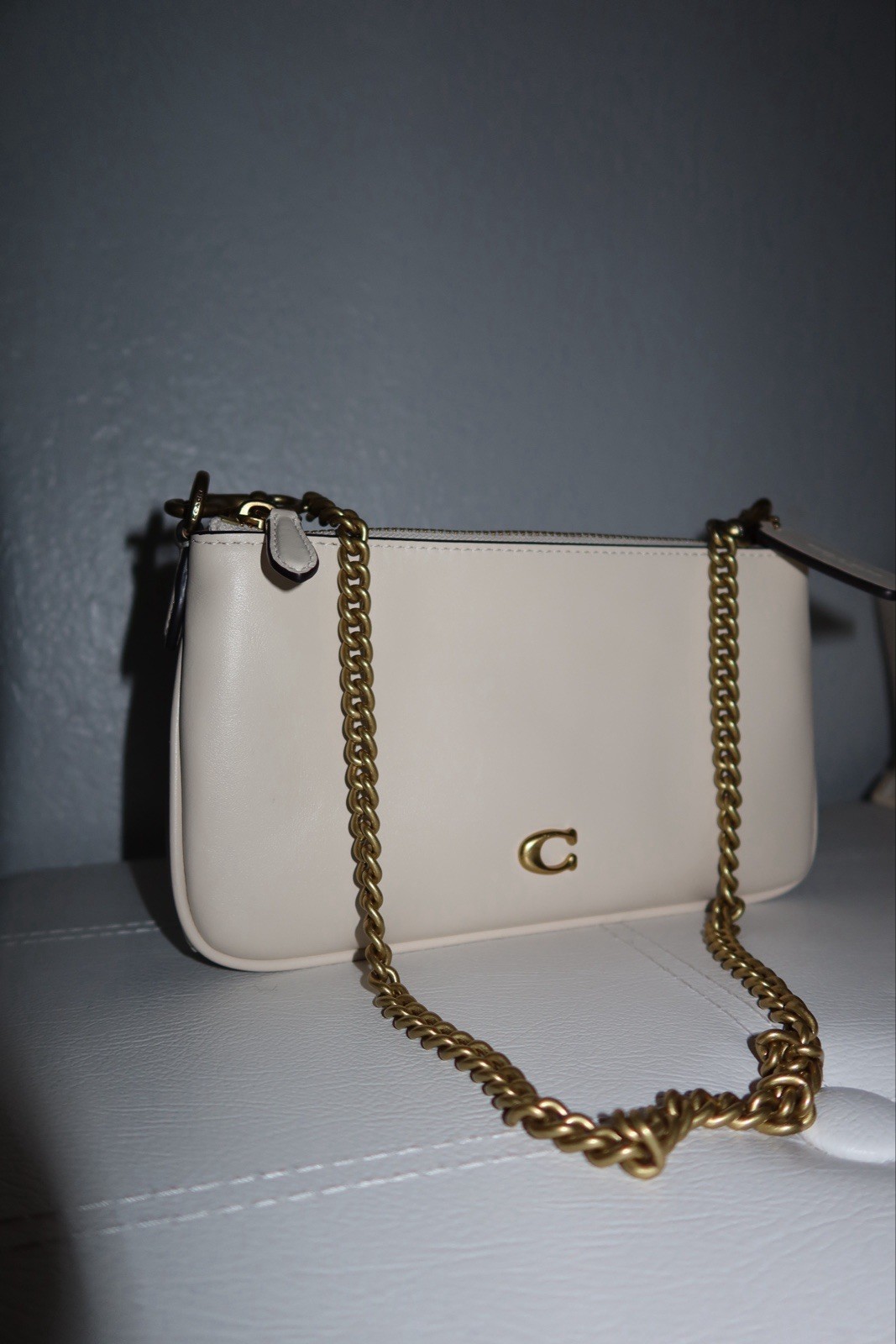 Coach Beige Small Shoulder Bag Double Zip with Gold Chain Strap & Dust Bag