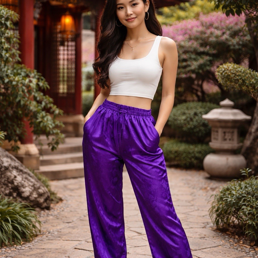 VTG Lord & Taylor Bottoms Pants Sz S Purple Asian Fashion Qipao Modern Satin