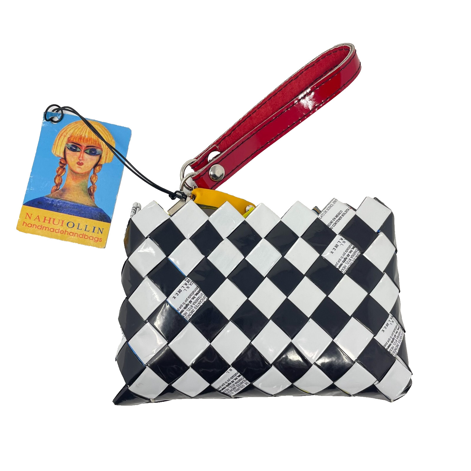 Nahui Ollin Candy Wrapper Wristlet Bag 5.5″ Check Recycled Hand Crafted NEW
