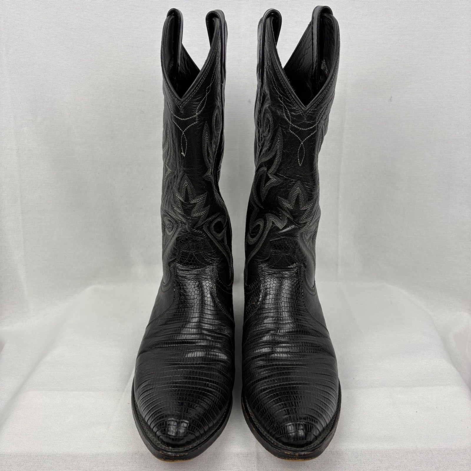Vintage Dan Post Cowboy Boots Teju Lizard Size 8EW Black Exotic 350J Pointed Toe