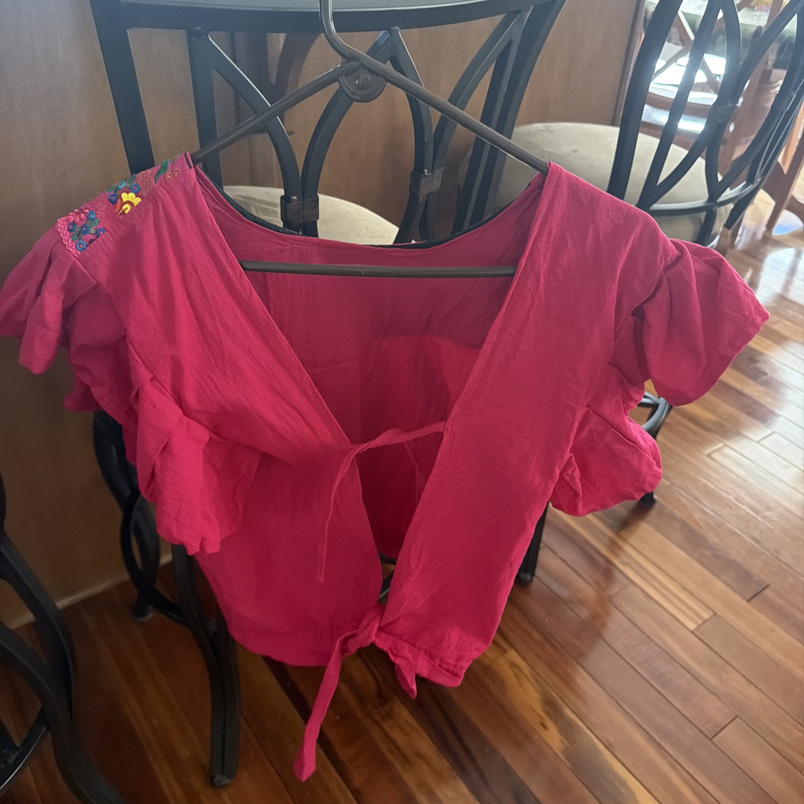 Mexico Embroidery top hot pink floral Peasant top cotton bright colorful L/XL