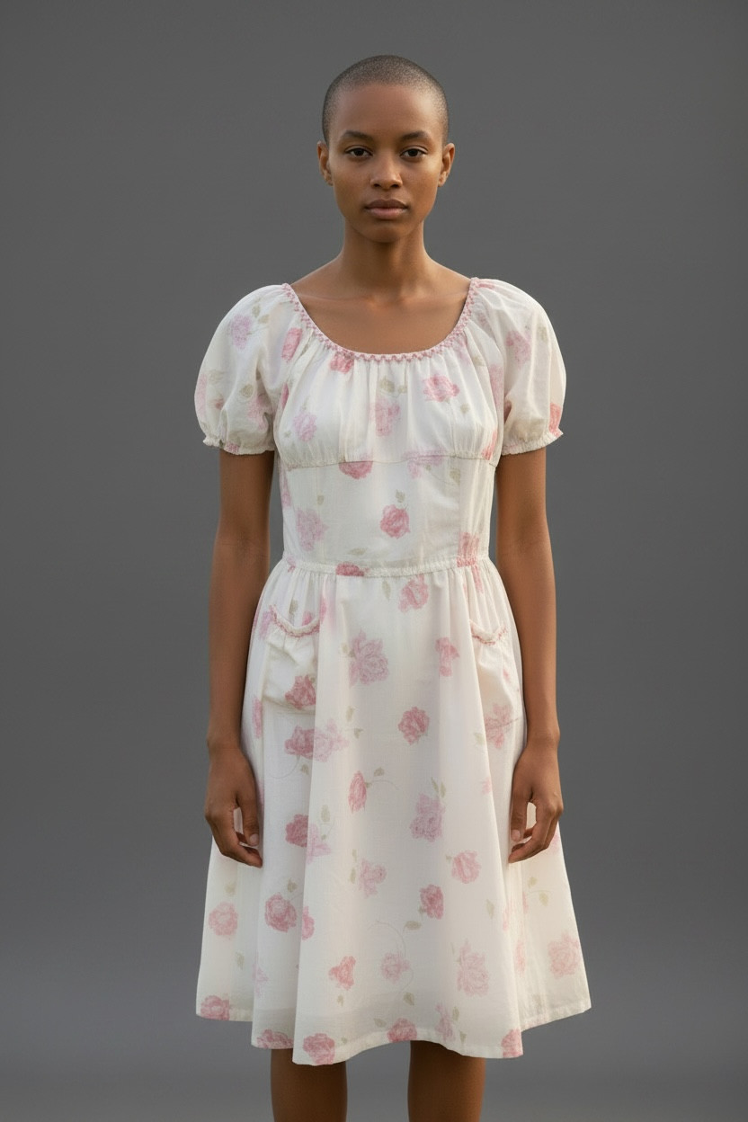 Dress M Vtg 50s 30s 40s Sheer ROSE FLORAL Print PUFF SLEEVE Milkmaid HOUSE Day
