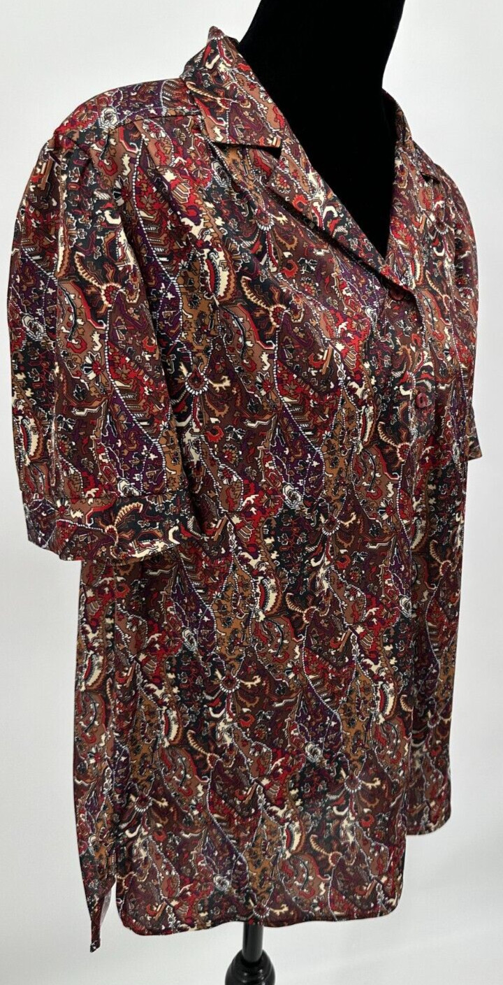 Top Notch Womens Short Sleeve Collared Blouse Size 38/18W Brown Autumnal Floral