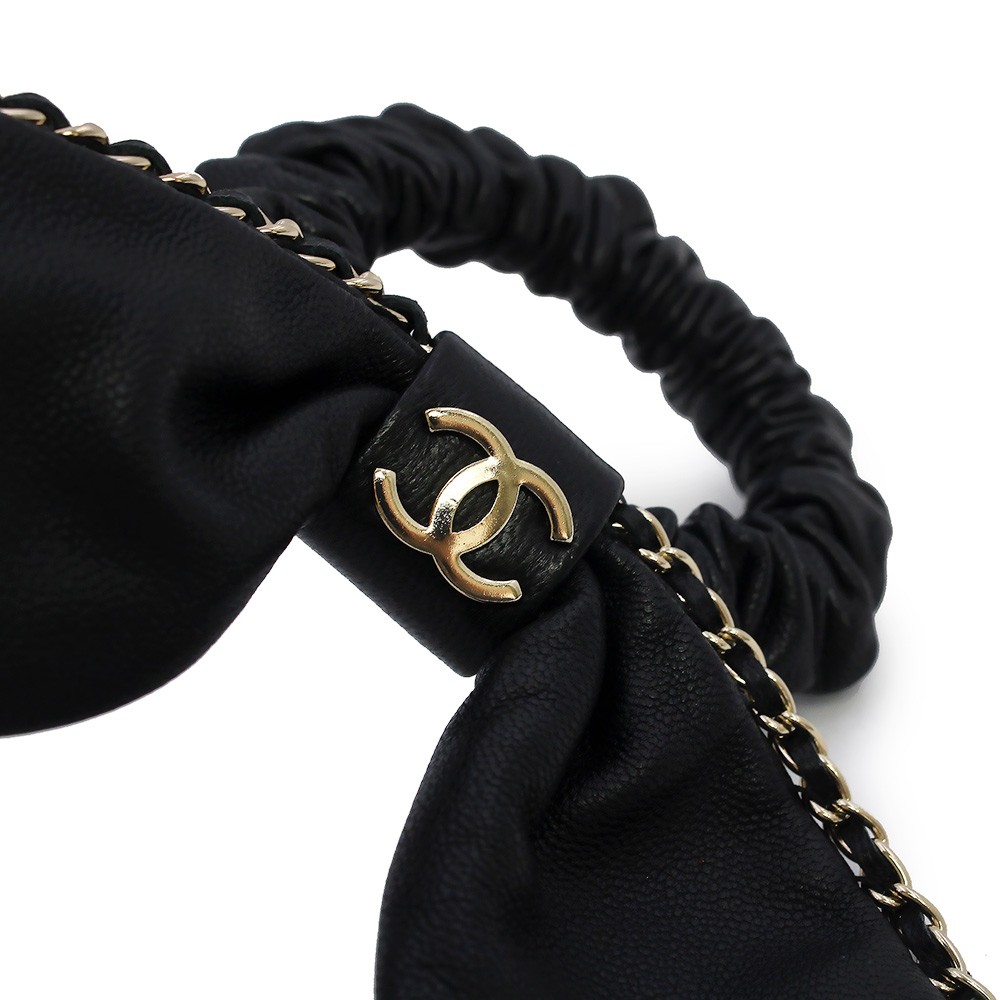 CHANEL AA8258 Ribbon Bow CC Logo Chain Scrunchie Lambskin, Black Hair Accessory