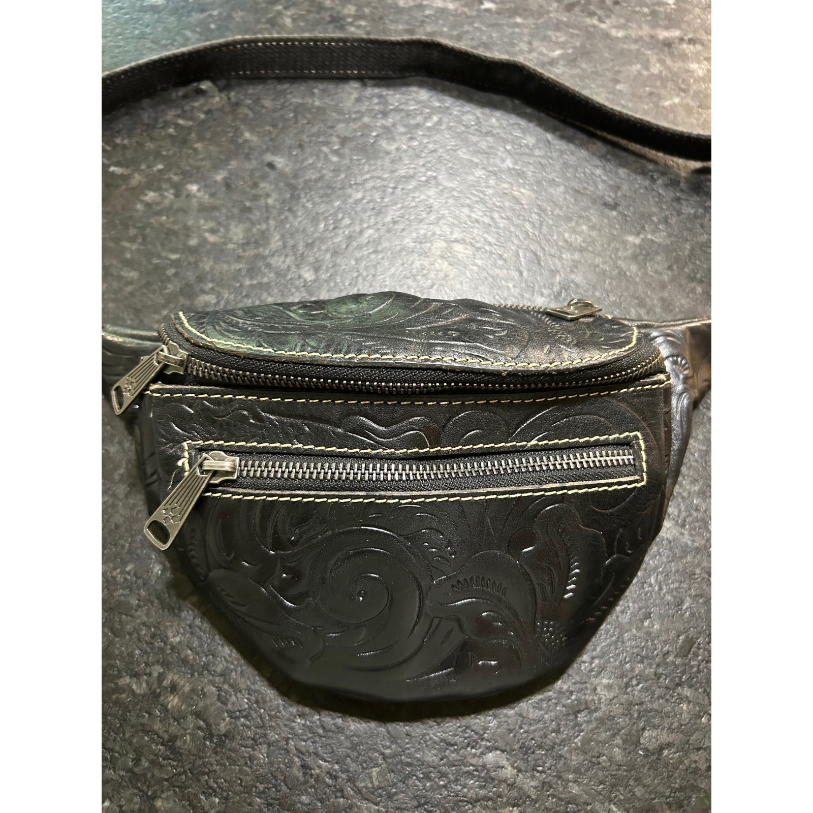 Patricia Nash Black Tooled Italian Leather Fanny Pack Waist Bag Floral Embossed