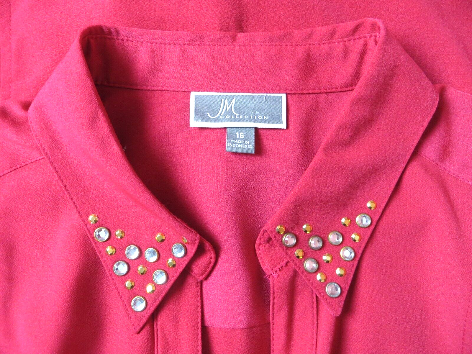 JM COLLECTION Women Slippery Polyester Blouse Pocket Beaded Dark Magenta Pink 16