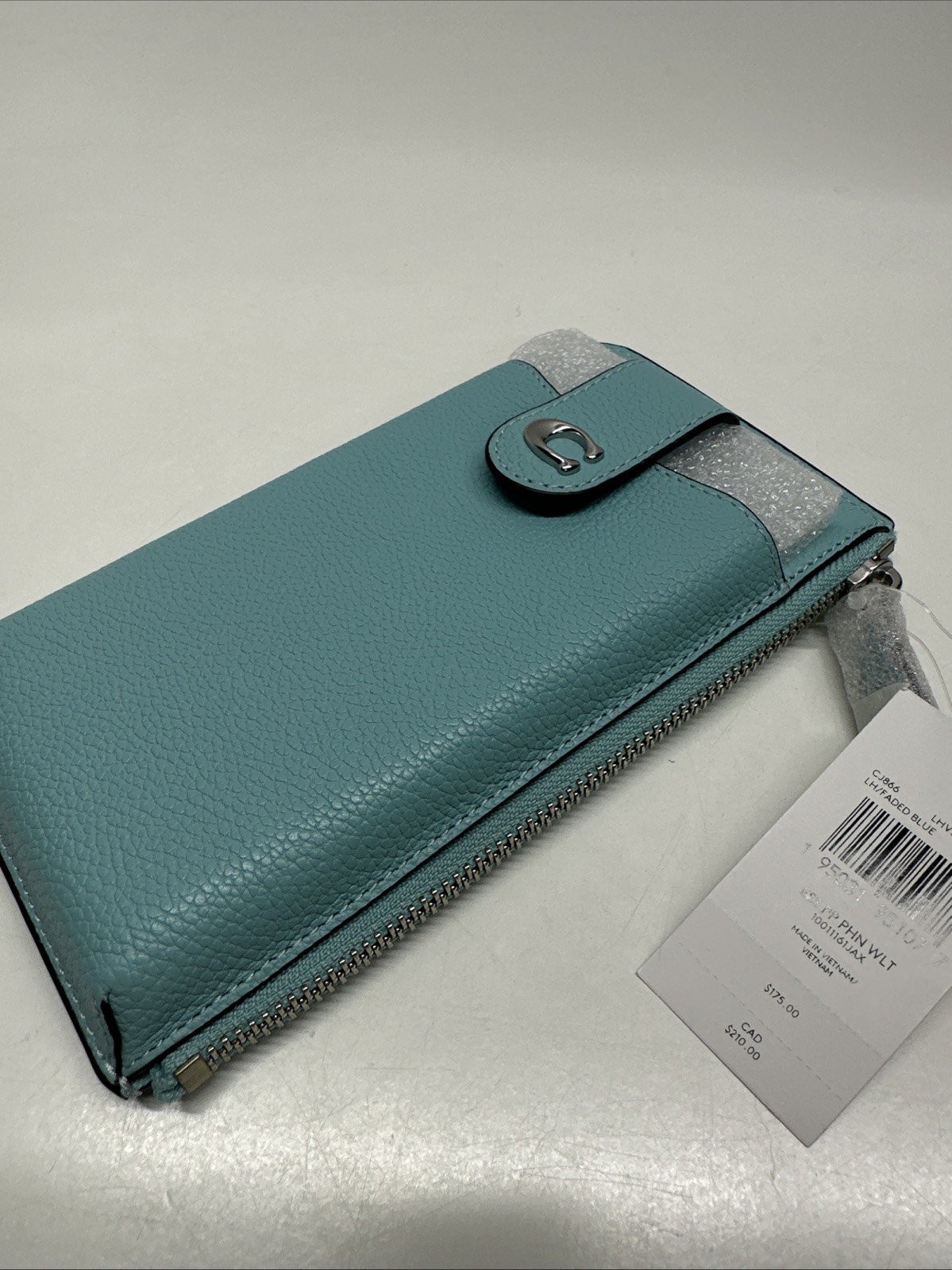 Coach Essentials Phone Wallet Polished Pebbled Leather Clutch Zip Top Blue New