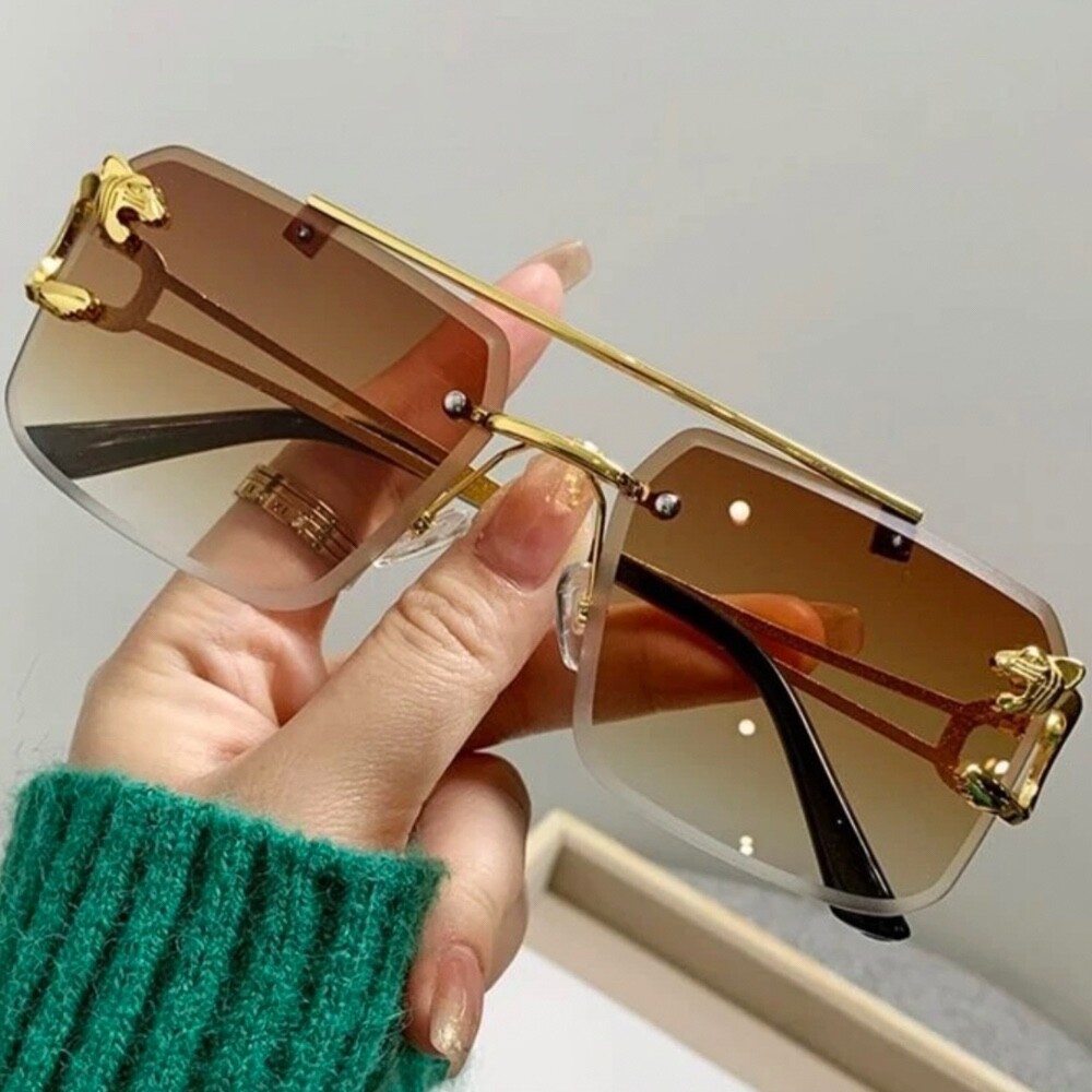 Men’s Women’s Luxury Rimless Rectangle Gradient Brown Tint Lens Sunglasses