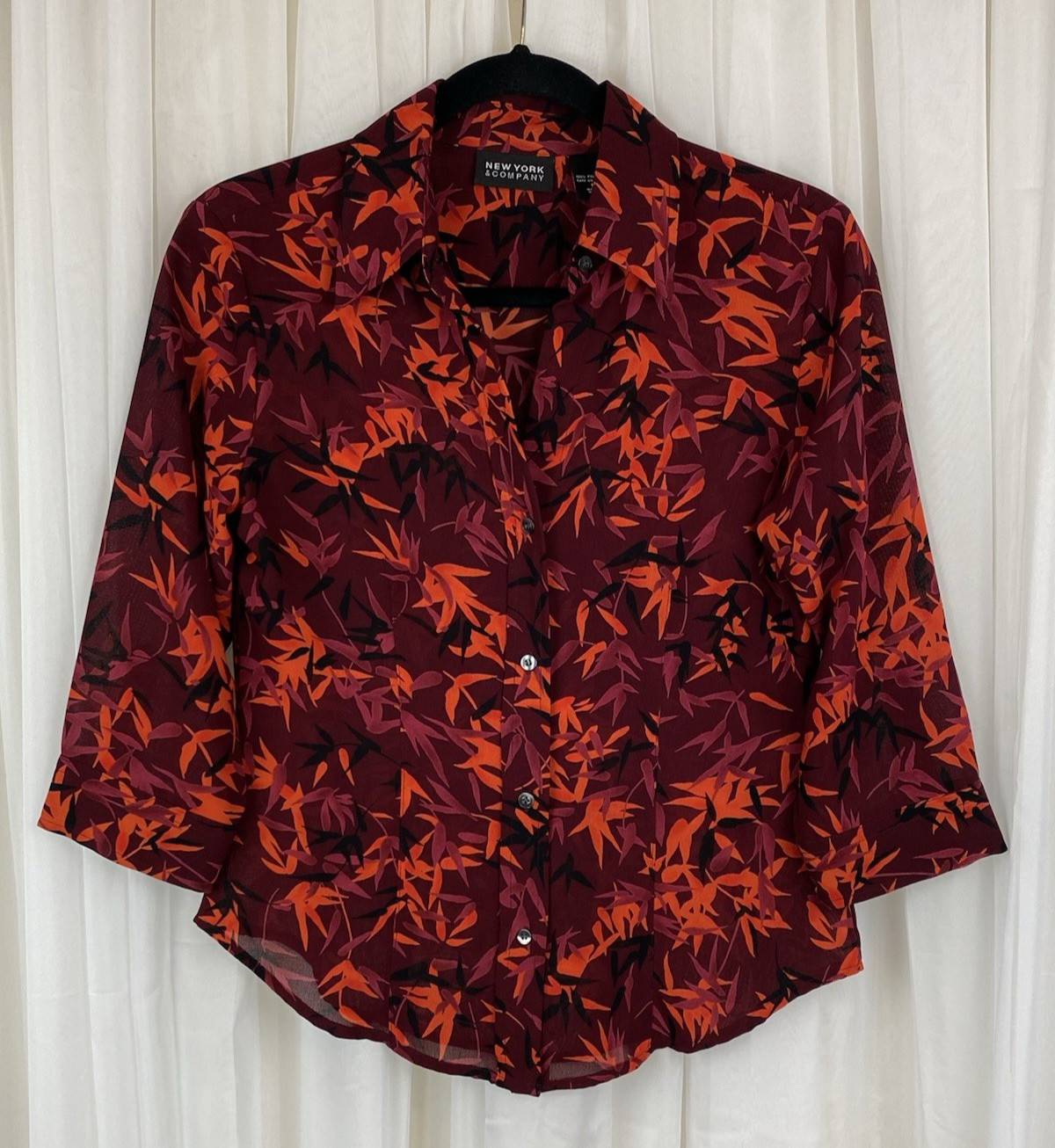 New York & Company Sz S Wine Red Floral Button Up 3/4 Sleeve Blouse