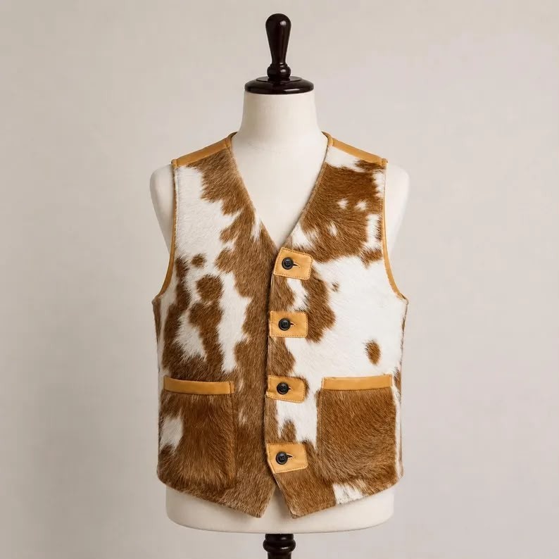 Cowhide Leather Vest Men’s Brown White Western Cowboy Handmade Waistcoat