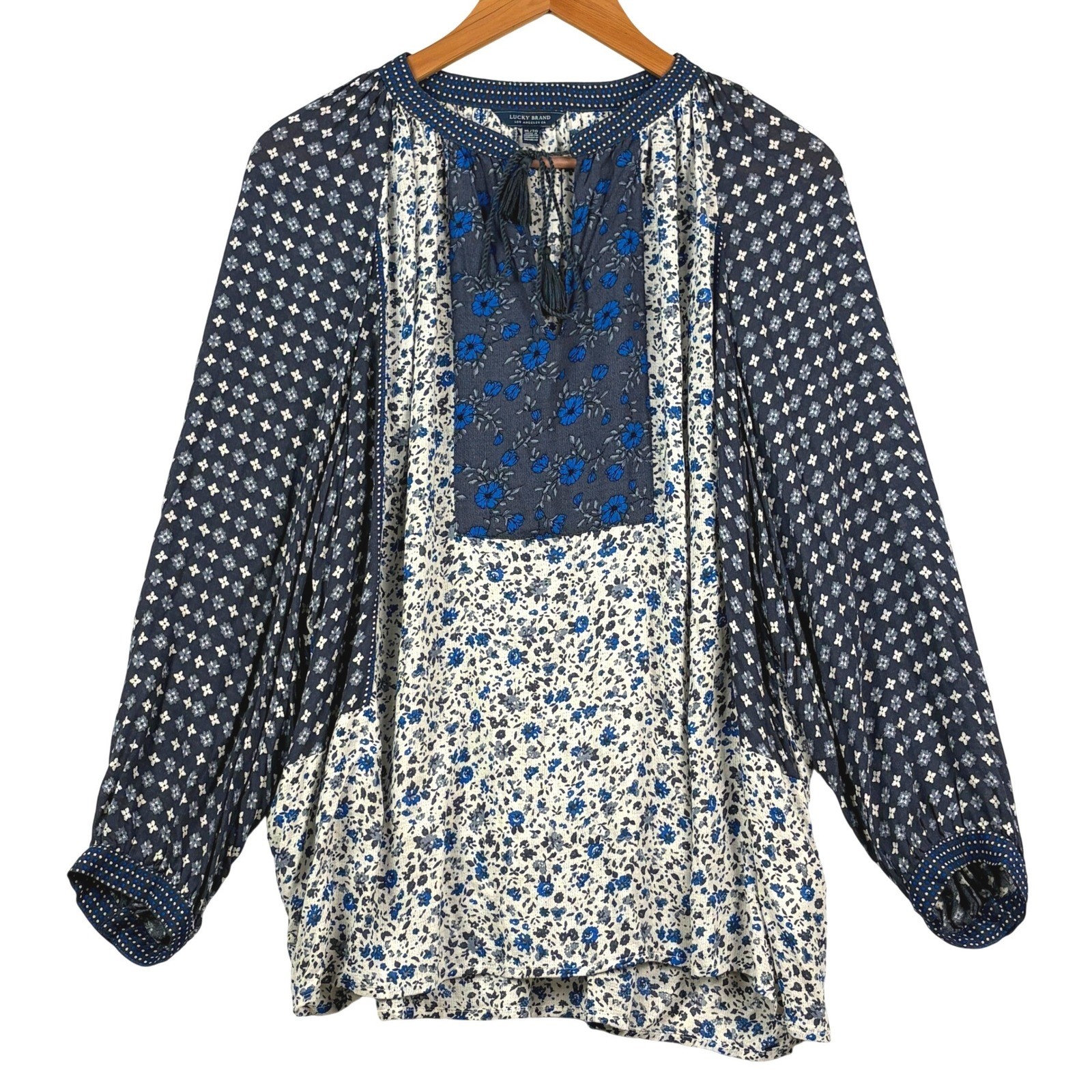 Lucky Brand Women Floral Patchwork Long Sleeve Peasant Blouse XL Hippie Boho 70s