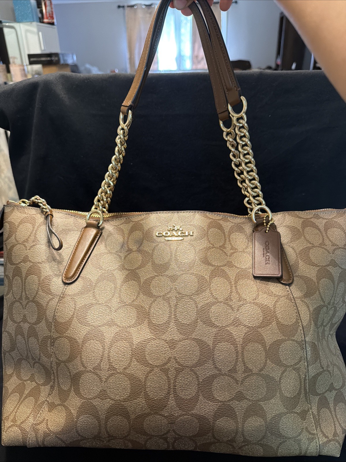 COACH Ava Chain Tote Light Khaki Chalk Leather Spacious Handbag See Pictures!