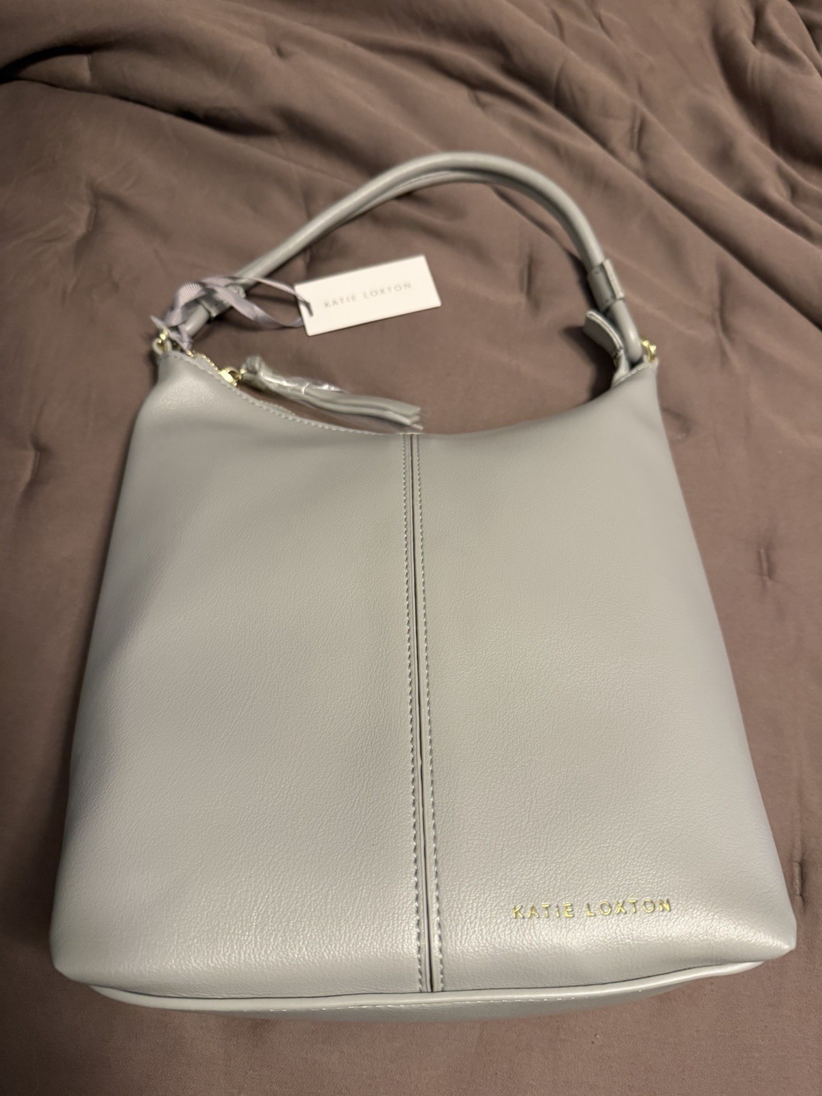 Katie Loxton Gray Pebbled Medium Shoulder Bag Gold Hardware Zip Detachable Strap