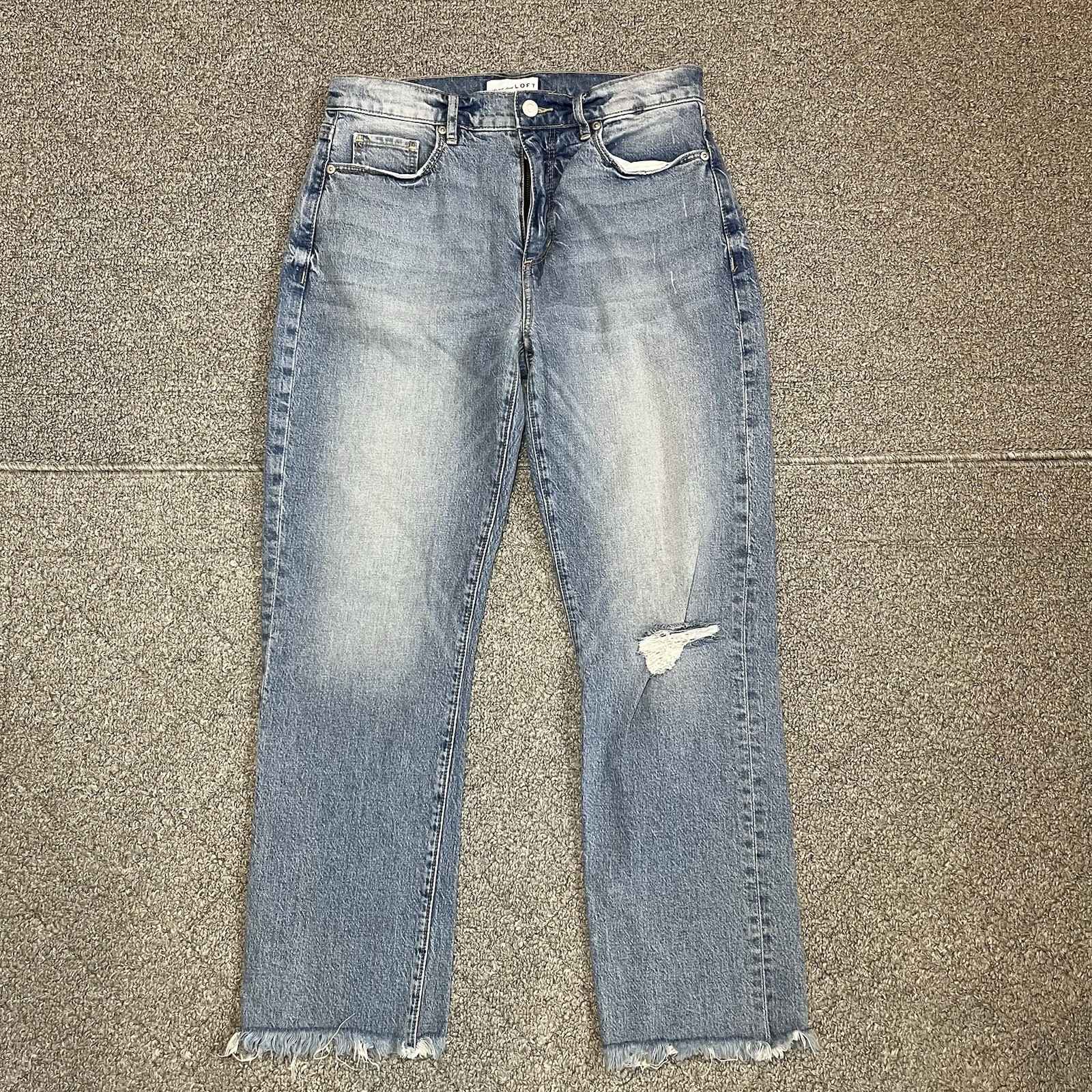 LOFT The Straight Crop Jeans Size 26/2 Blue Denim Distressed Fringe Frayed Hems