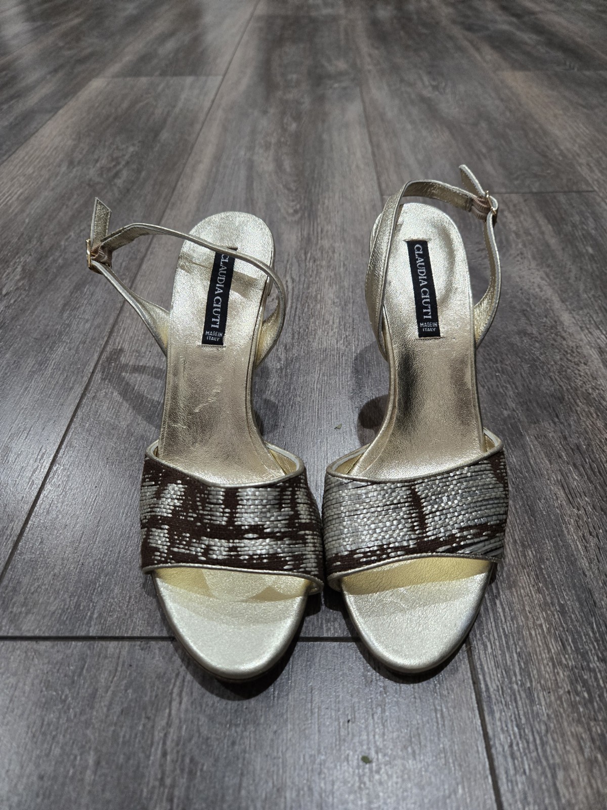 Claudia Ciuti Made In Italy Gold Leather Slingback Sandals Heels Womens 6.5M