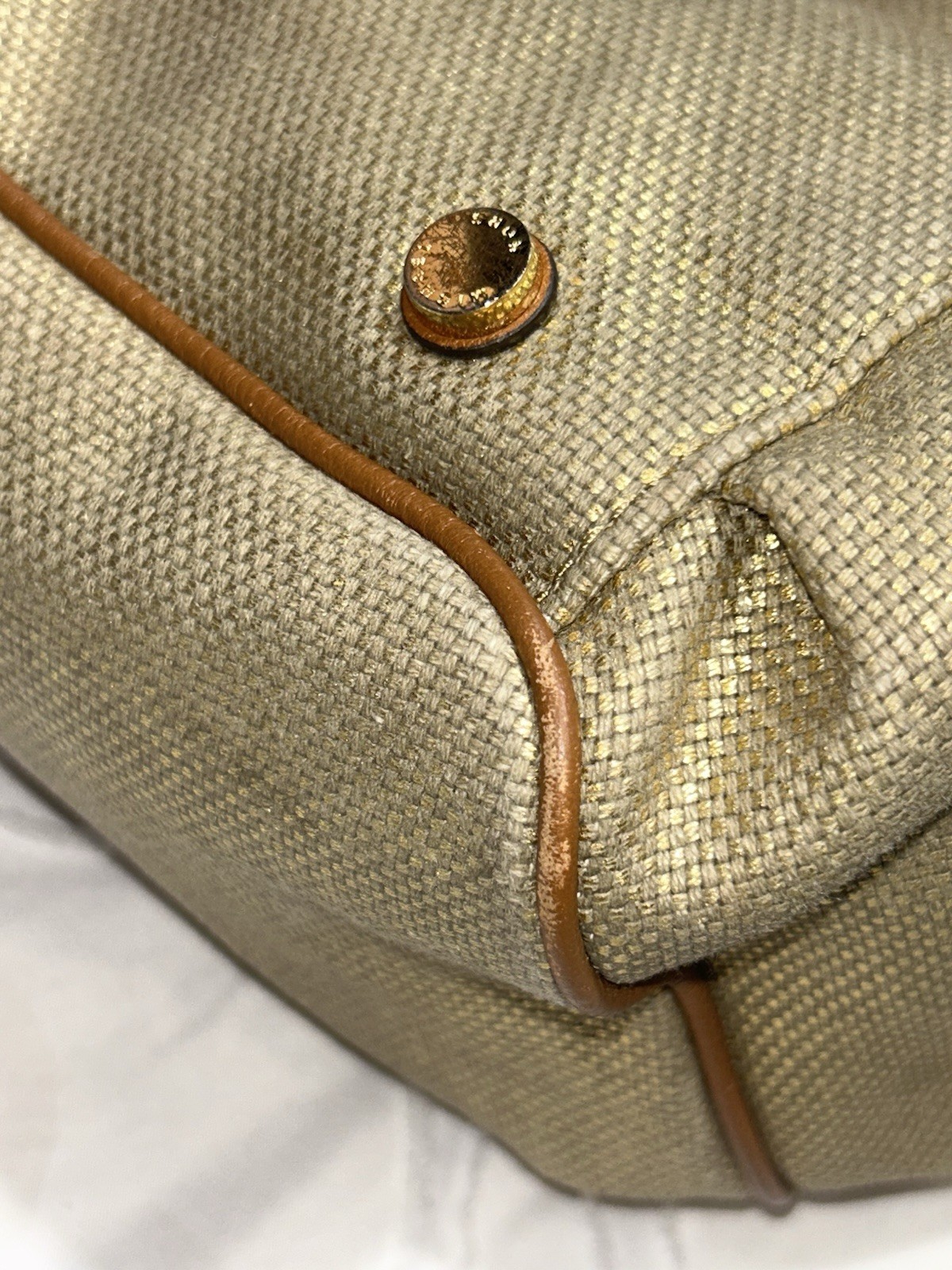 Michael Kors Marina Large Canvas Drawstring Tote Bag Gold Metallic Brown Leather