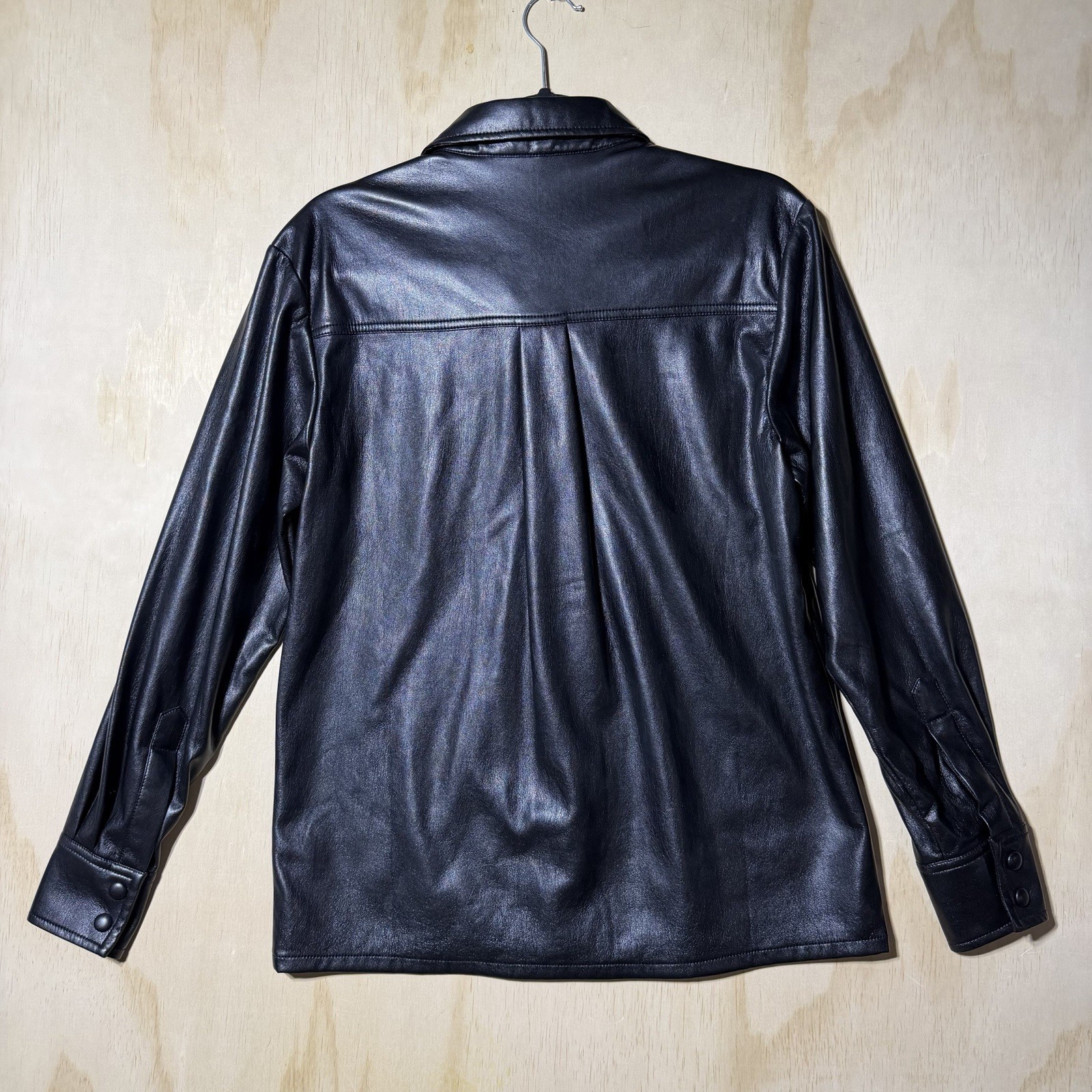 Good American Faux Leather Shirt Jacket Black Snap Button Women Sz 2