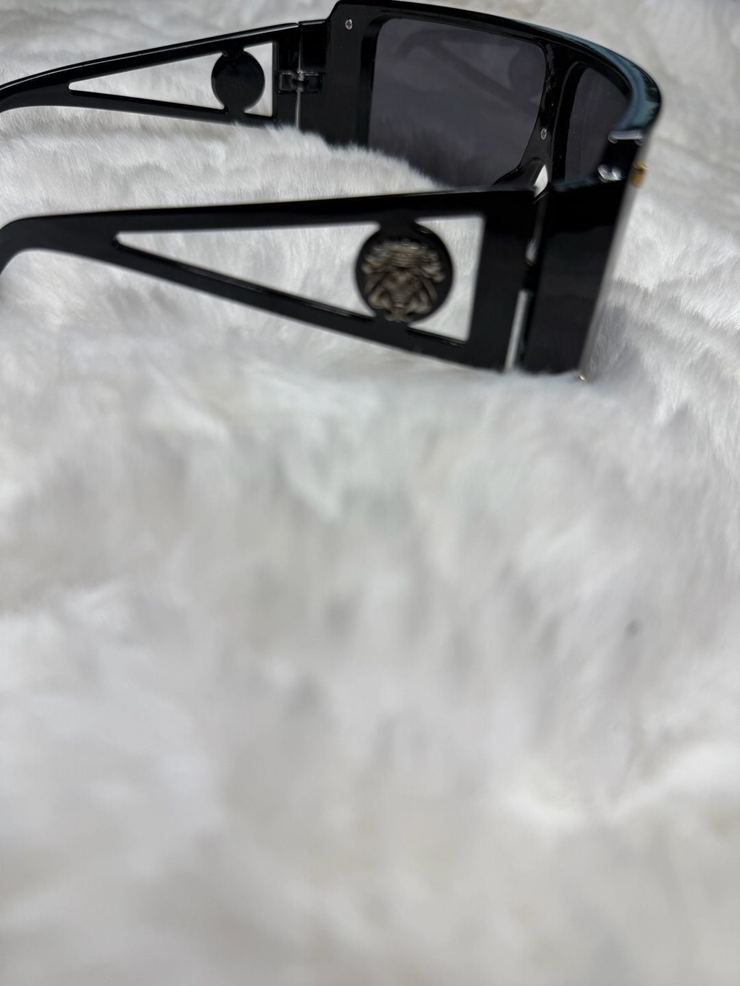 Oversized Shield Wrap Sunglasses with Medusa-Style Emblem Detail