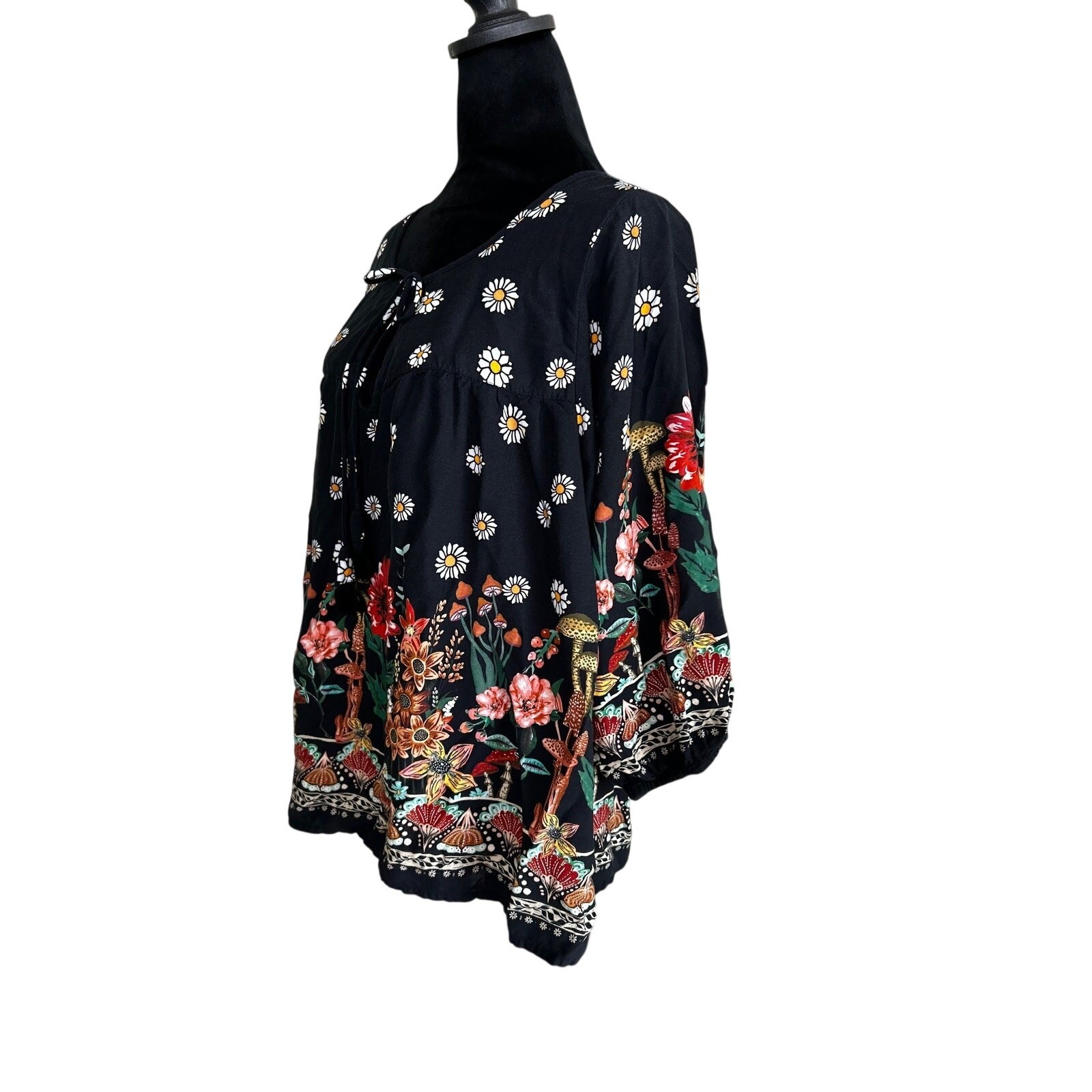 Natural Life Blouse Womens Large Black Floral Boho Peasant Top Long Sleeve