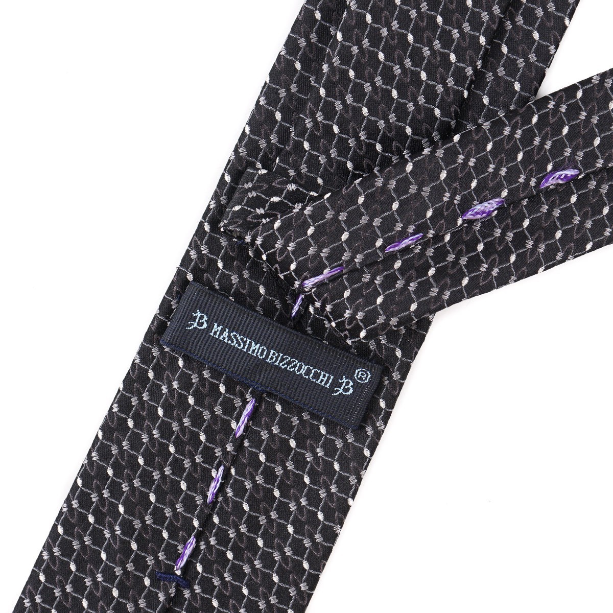Massimo Bizzocchi Black and Gray Interlocking Pattern Silk Tie 7cm Width