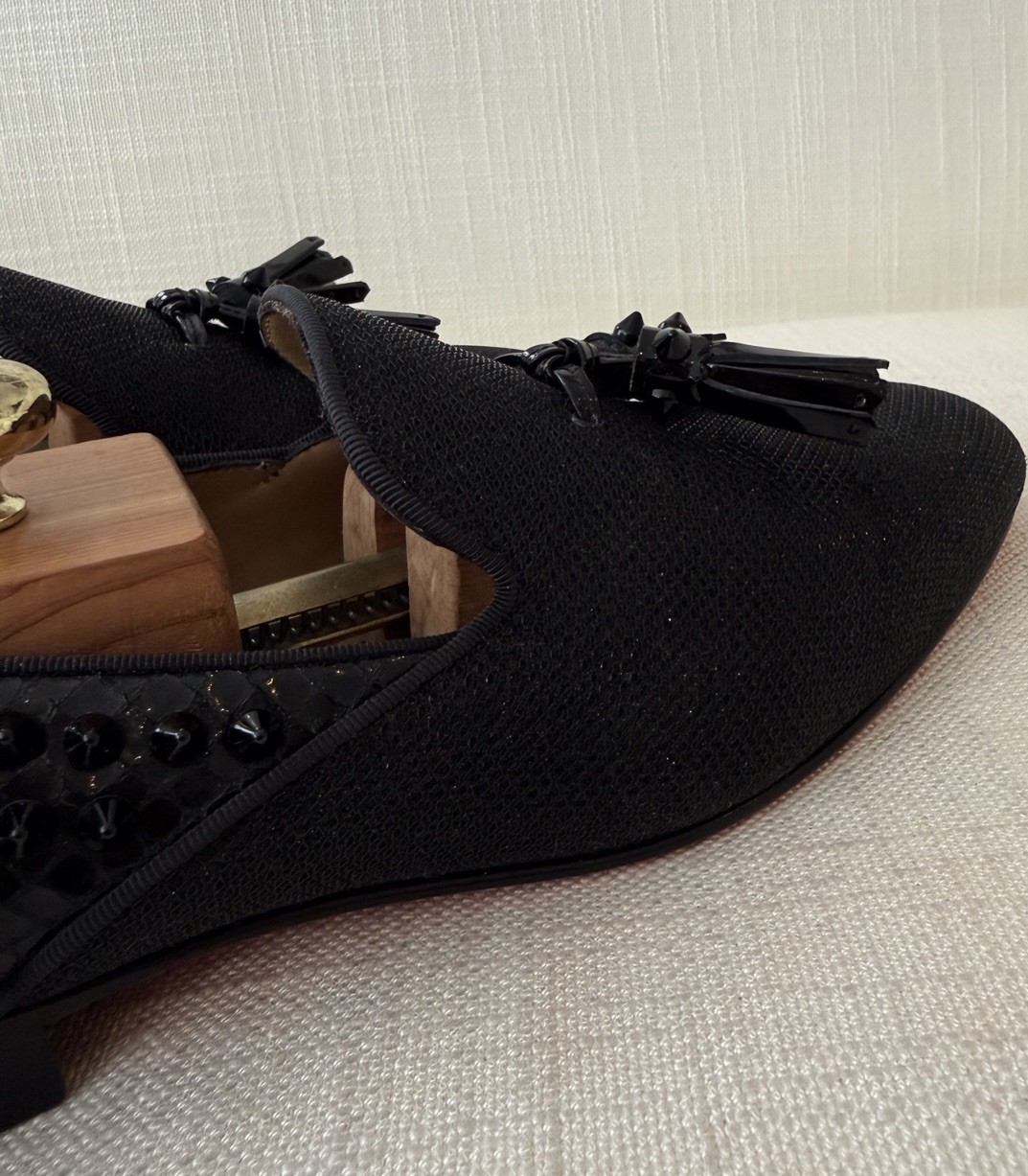 Christian Louboutin Dandelion Tassel Black Glitter Spike Mens Loafers Size 42