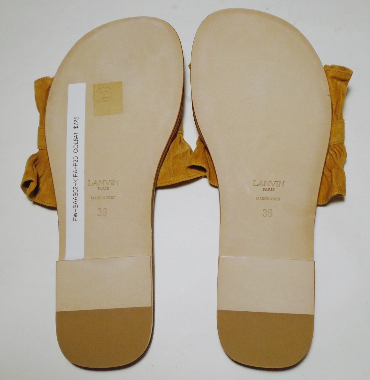 $725 NWT NEW Kipa LANVIN SLIDES/Mules/SHOES Tan SUEDE RUFFLE/Bow Size 36/5.5 US