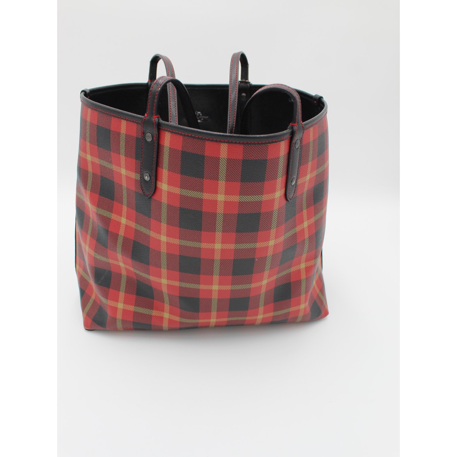 Coach Reversible City Tote Bag Red Black Plaid Large Purse Travel Preppy