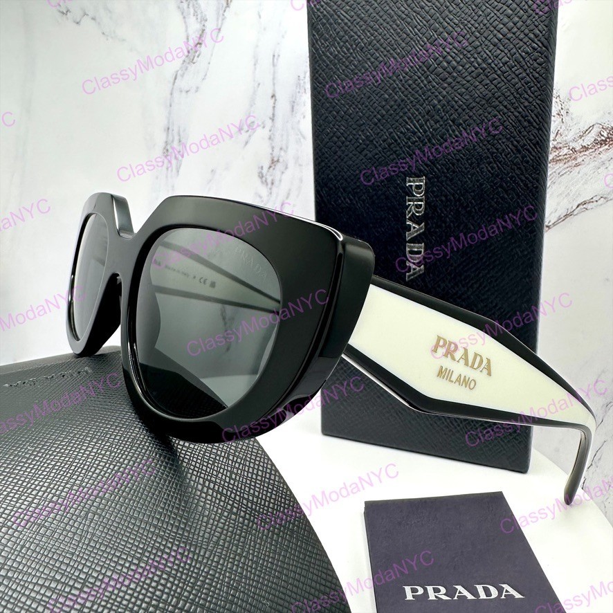 PRADA Sunglasses New Black White Gold Symbole Cat Eye Womens w/ Box & Case