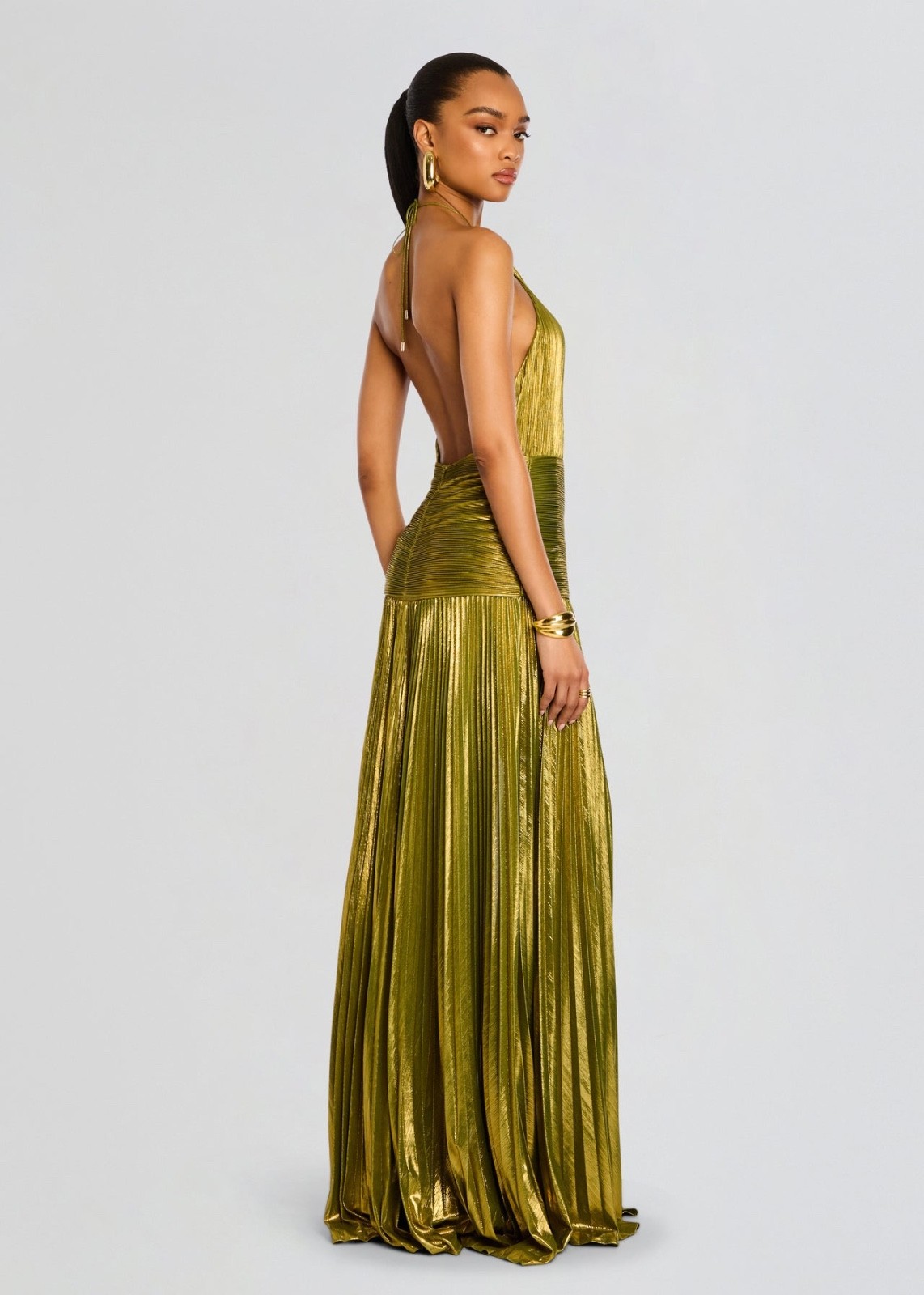 NWT RETROFETE Thalia pleated halter side-slit maxi dress – Metallic Peridot – M