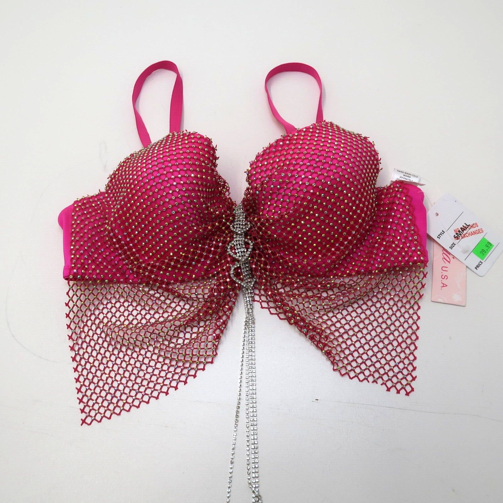 Lydia USA Crystal Rhinestone Tassel Glam Pink Bustier Crop Top Size Small Dance