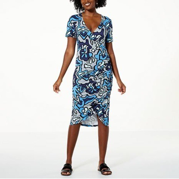 Colleen Lopez Women’s Shirred Surplice Dress Gray Combo – Large