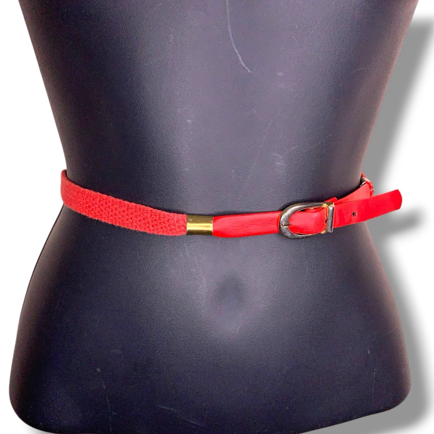 XS Vintage Red Gold Accent Belt Retro Western 80s Faux Leather Nylon Thin Style