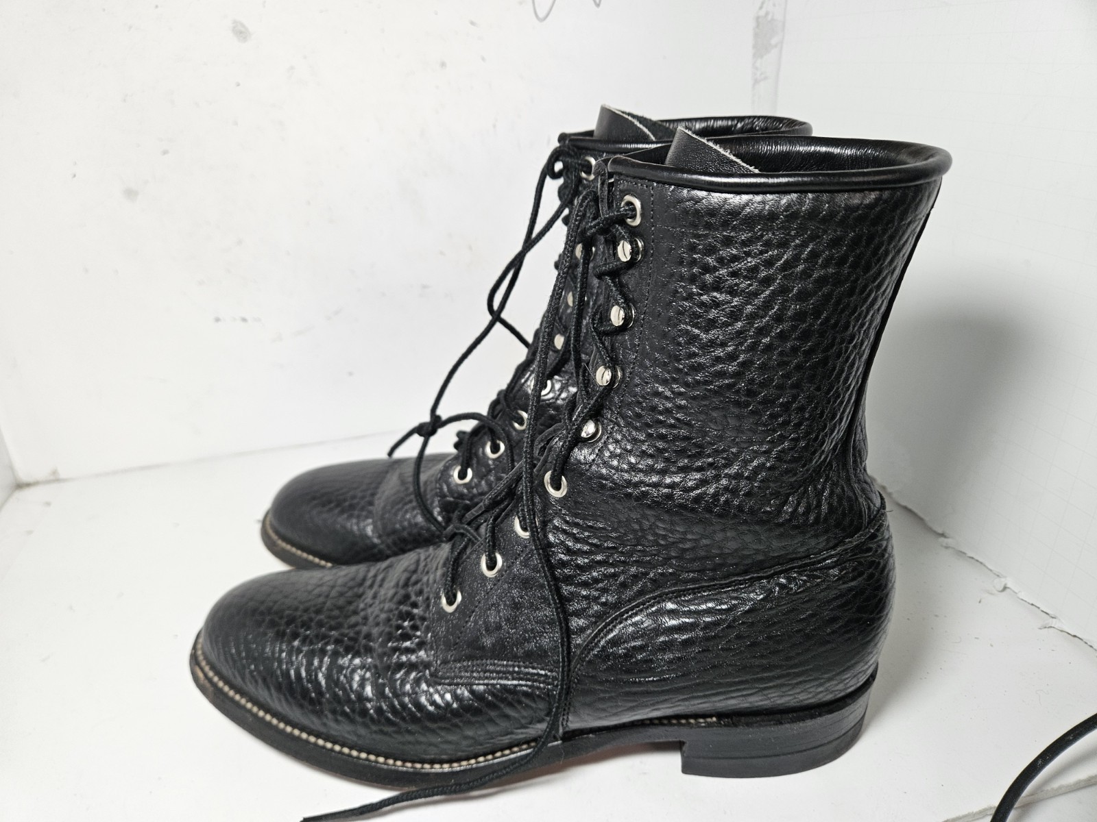 Justin Western 522 Roper Boots Pebbled Bullhide Leather Size 8 B Lace Up USA
