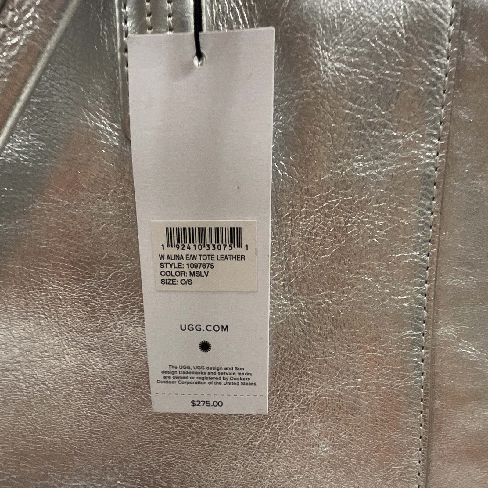 UGG Alina E/W Large Metallic Silver Zip Tote w/ Inner Pockets, Logo Accents