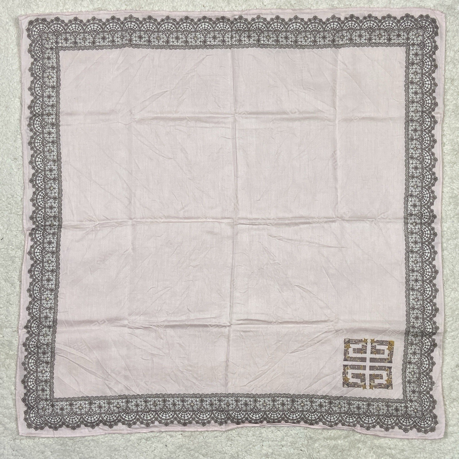 Givenchy Pocket Square Cotton Lace Border Pink Handkerchief 22“X22”