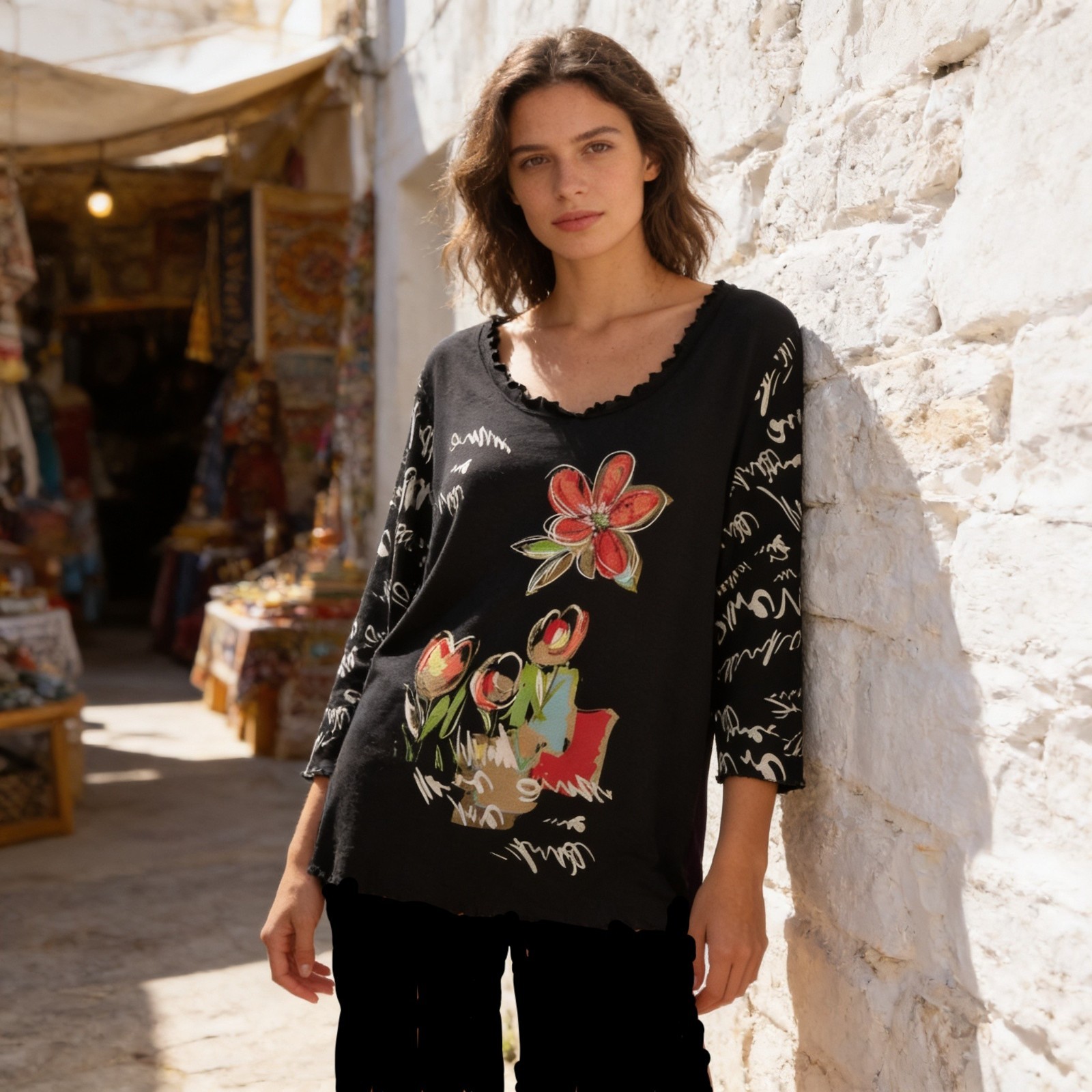 Requirements Pullover T Top Size 2X 3/4 Sleeves Bling Floral Design Front EUC