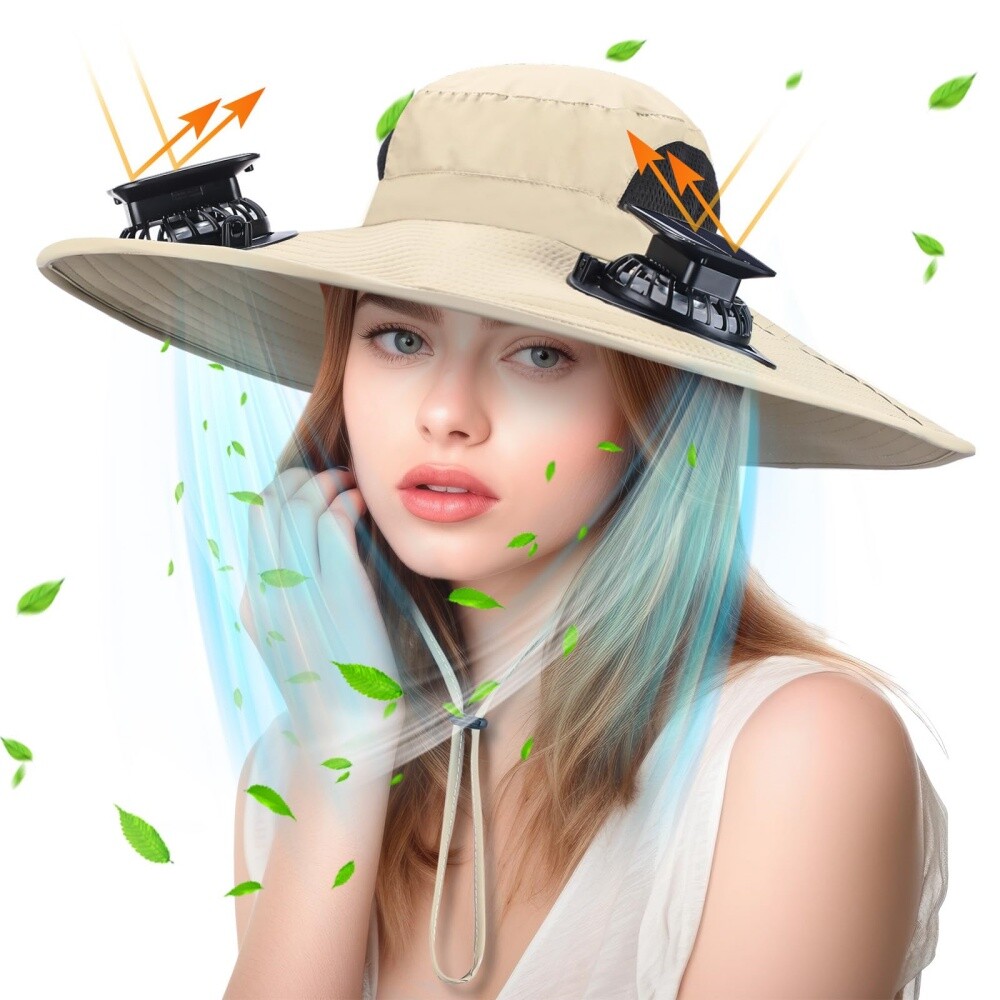 Wide Brim Sun Hat with Solar & USB Fan UPF50+ UV Protection for Fishing & Campin