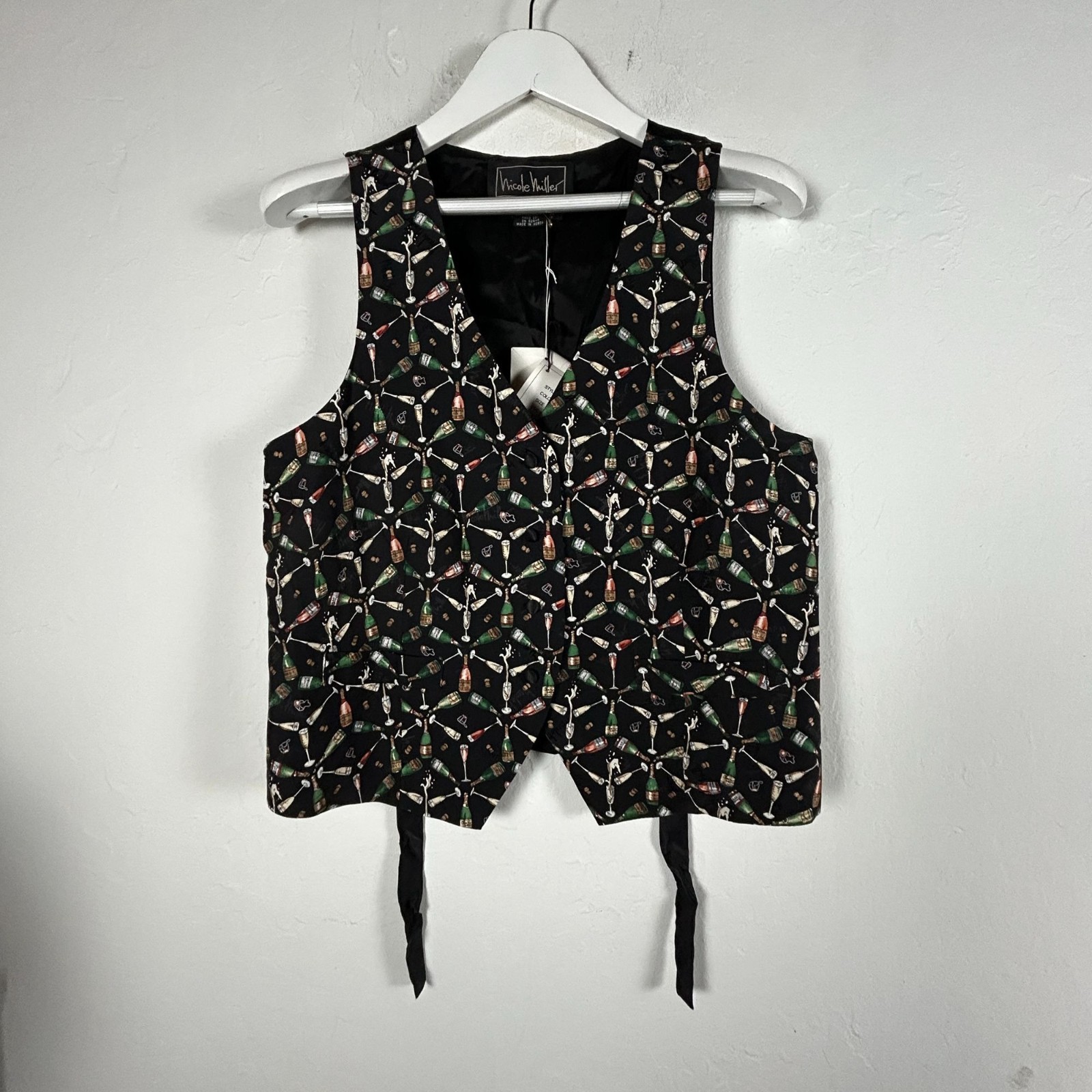 Nicole Miller Womens Champagne & Martini Print Silk Vest XL Black Multicolor New