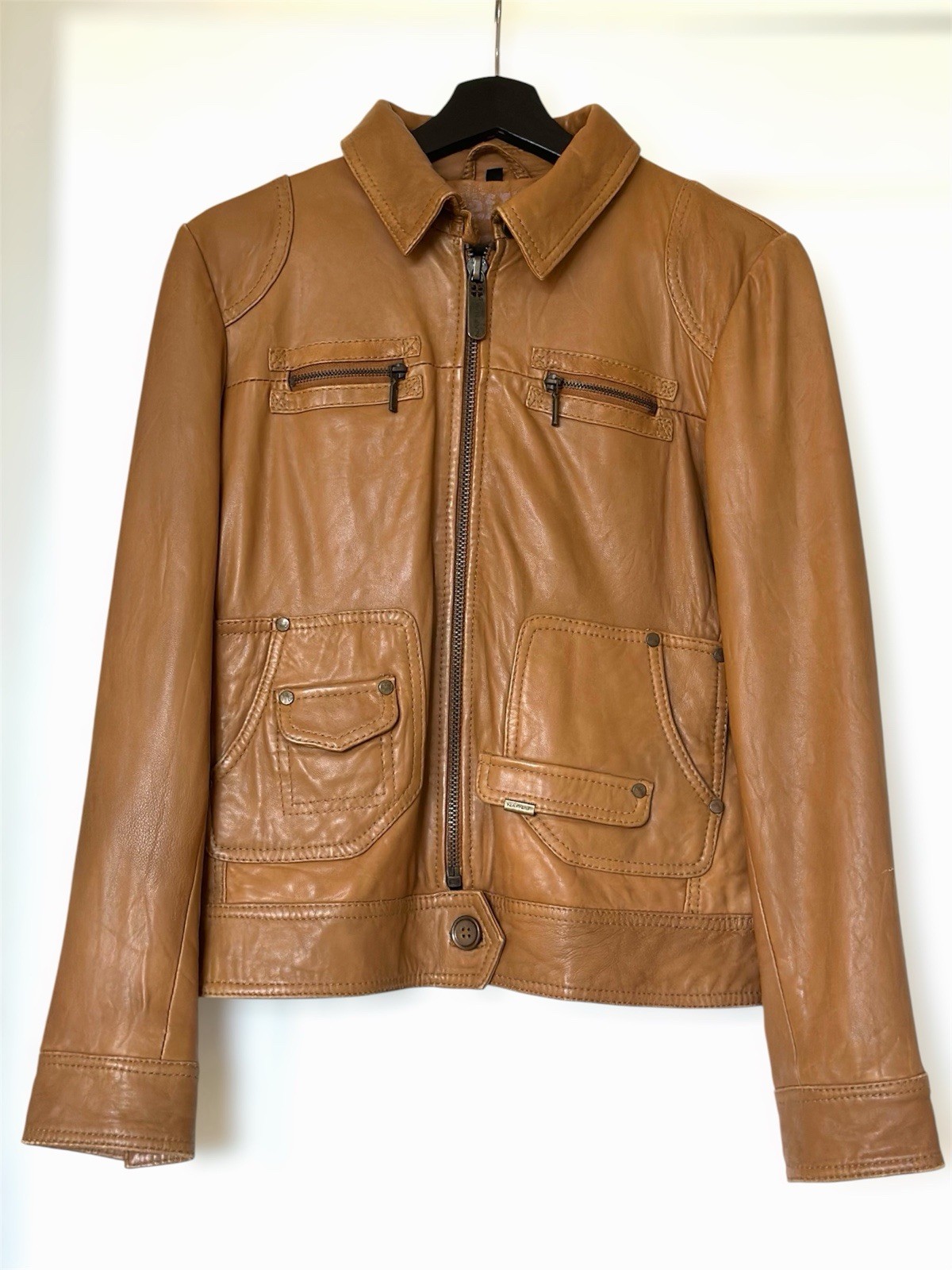 Vintage Naf Naf Cognac Genuine Sheepskin Leather Zip front Jacket Women’s L M