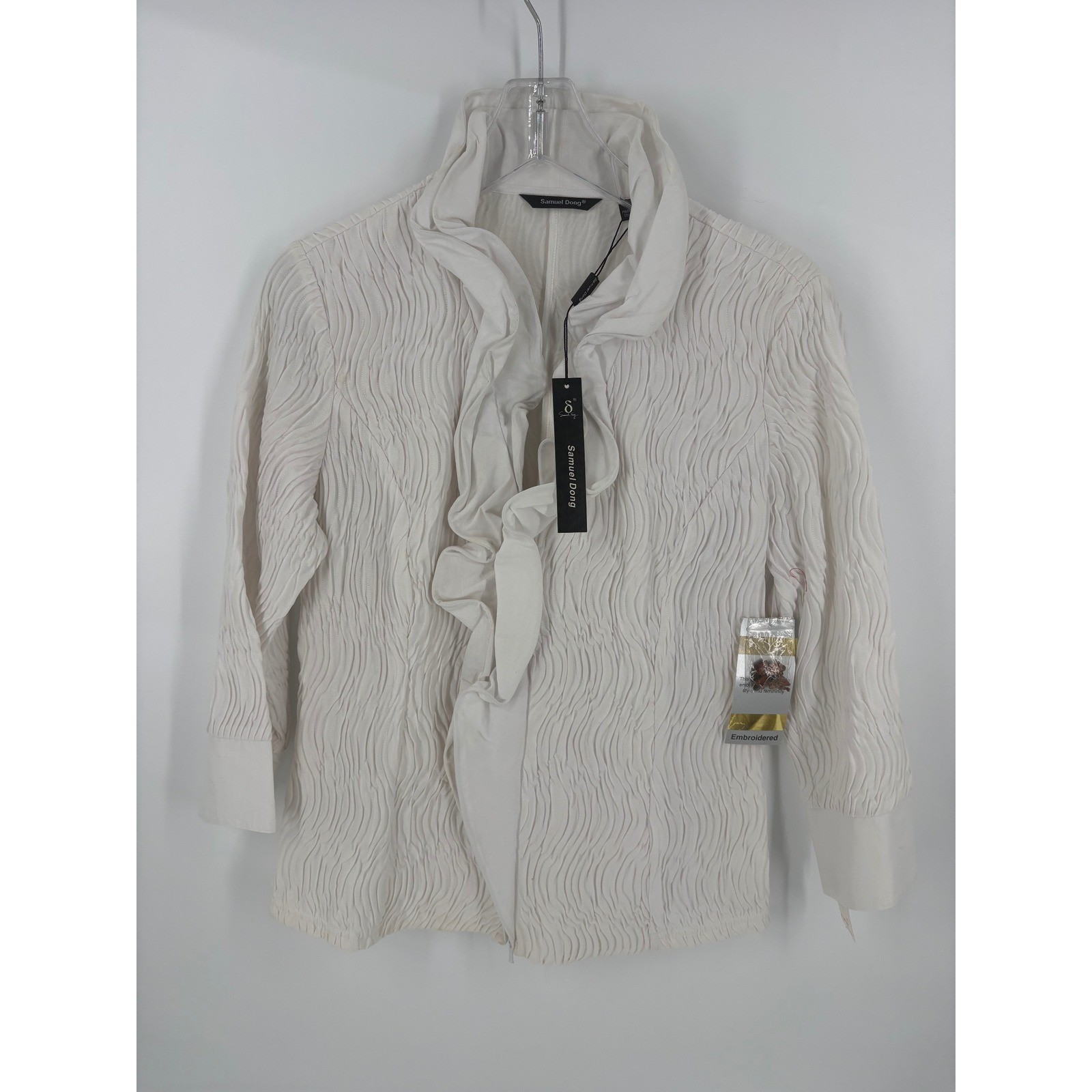 Samuel Dong Ruffle Blouse Womens Large Ruffle Blouse White Textured Zip NWT
