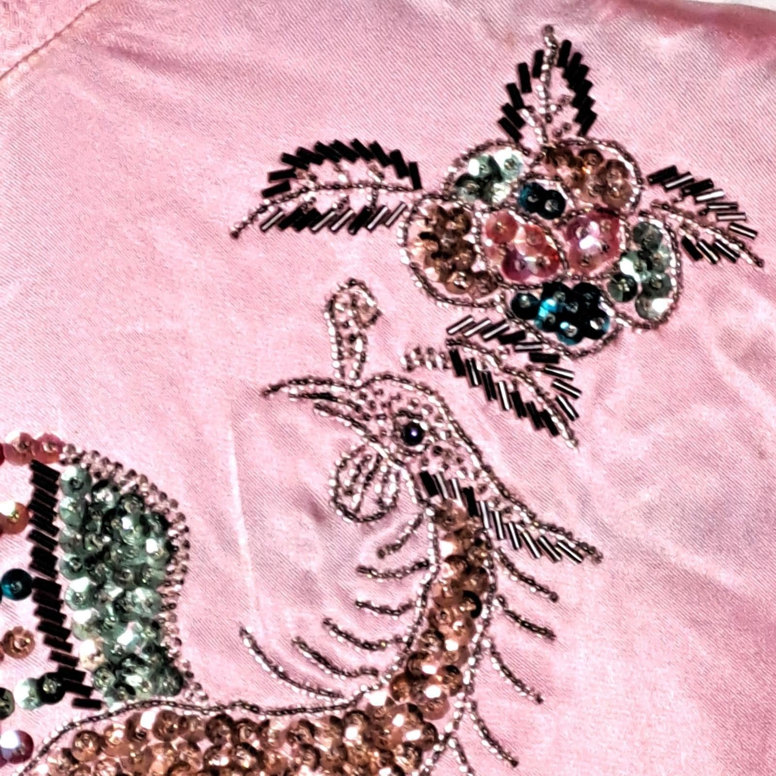 Vintage 50s 60s Pink Silk Satin Cheongsam Qipao Phoenix Sequin Beaded Dress S