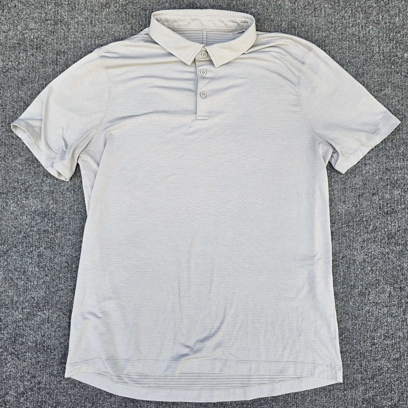 Lululemon Mens Polo 21 In Pit to Pit Light Grey Striped Short Sleeve Stretch L
