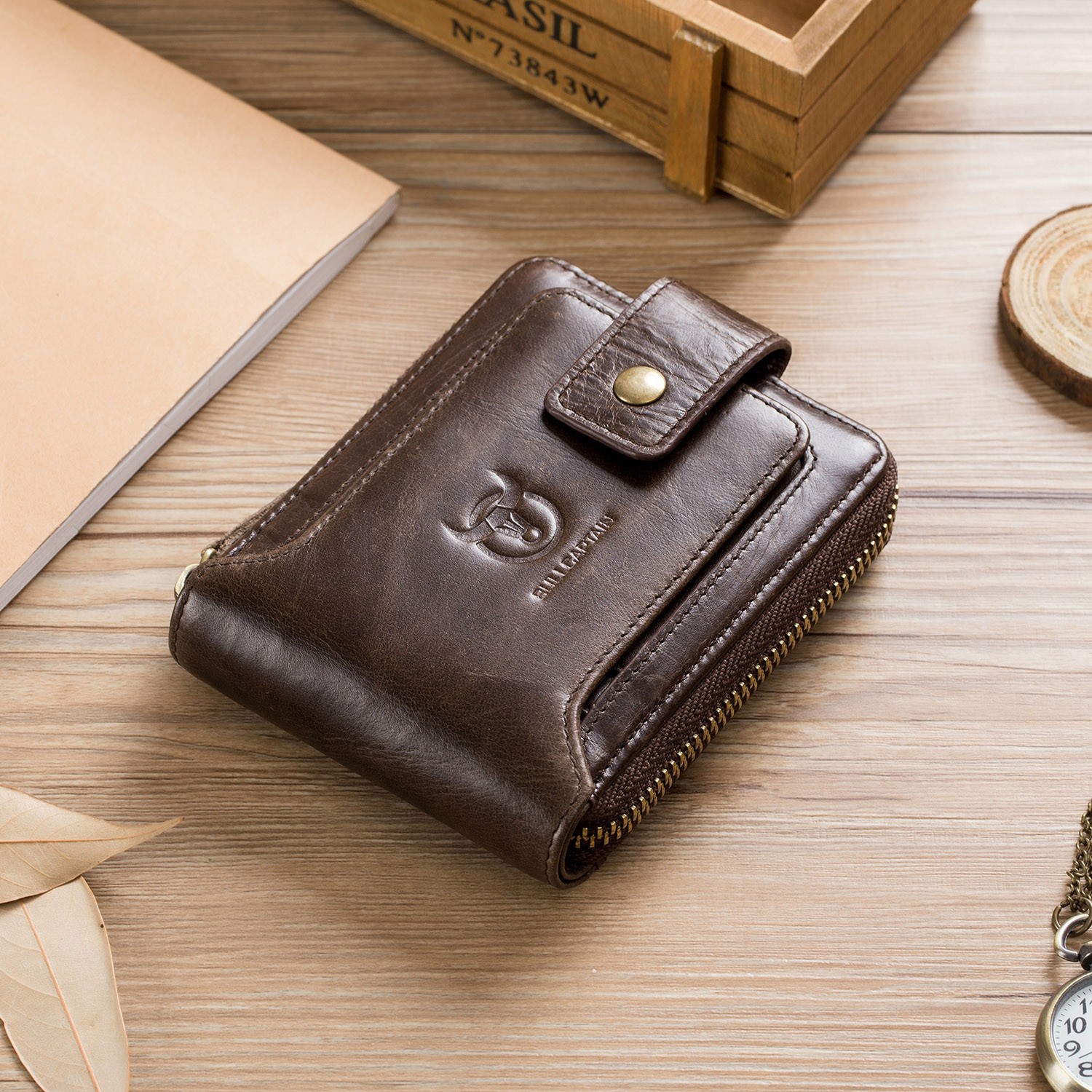 Retro Men Wallet Genuine Leather RFID Blocking Bifold with Zipper Coin Pocket