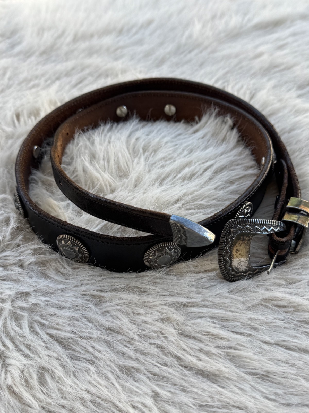 VINTAGE JNR CONCHO silver patina brown genuine leather western boho BELT