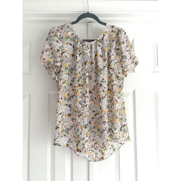 LC Lauren Conrad White Floral Print Blouse Top with Pastel Accents and Tie Neck